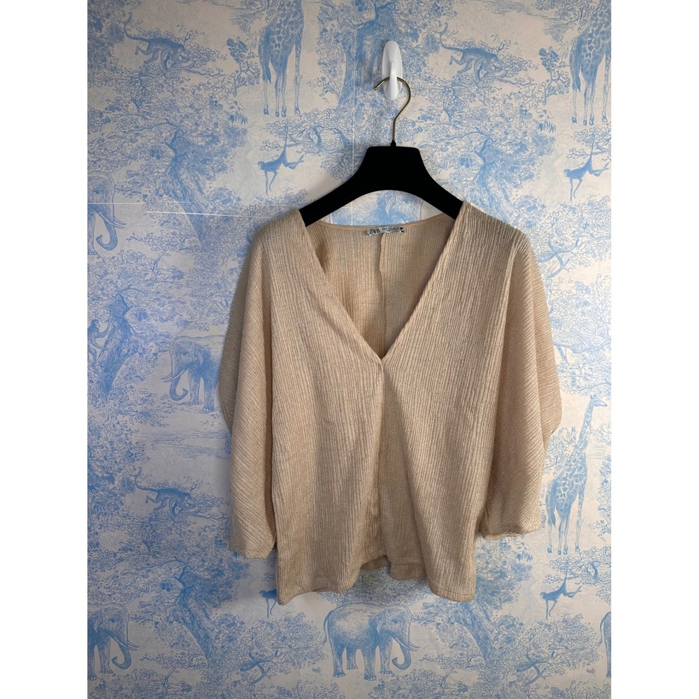 Zara Women Beige Ribbed Textured V-Neck Dolman Sleeve Top Small